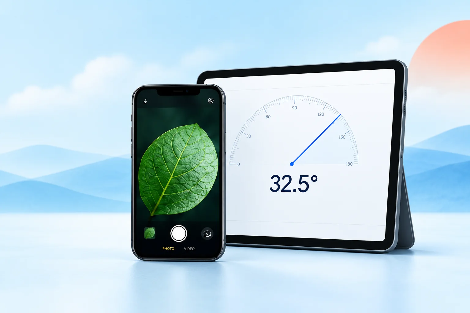 Illustrative phone and tablet composition showing close-up viewing and angle measurement